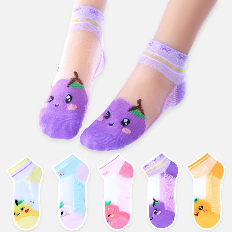 5 Pairs Girls Summer Fruit Bowknot Mesh Socks Breathable Glass Silk Mid Calf Childrens Thin Versatile Stockings