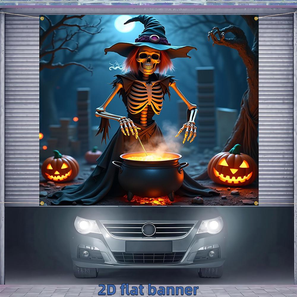 2D Flat Banner, 1pc Halloween Happy Garage Door Banner, Skeleton Witch Boiling Magic Soupzyc