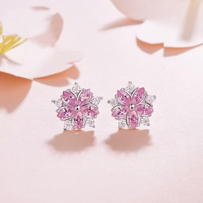 Three-piece fashion romantic cherry blossom synthetic zircon flower pendant necklace, earrings, and ring set suitable for girls