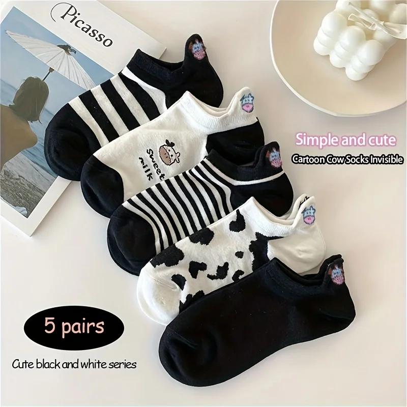 

5 Pairs Women s Cartoon Cow Pattern Non-Slip Ankle Socks, Black/White Color, Airy Cozy, Gentle Low-Cut Socks, Leisure Style