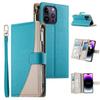 For iPhone 14 Pro Max Case Zipper Pocket Wallet Color Splicing Leather Flip Phone Cover with Straps
