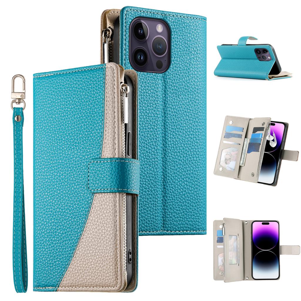 For iPhone 14 Pro Max Case Zipper Pocket Wallet Color Splicing Leather Flip Phone Cover with Straps