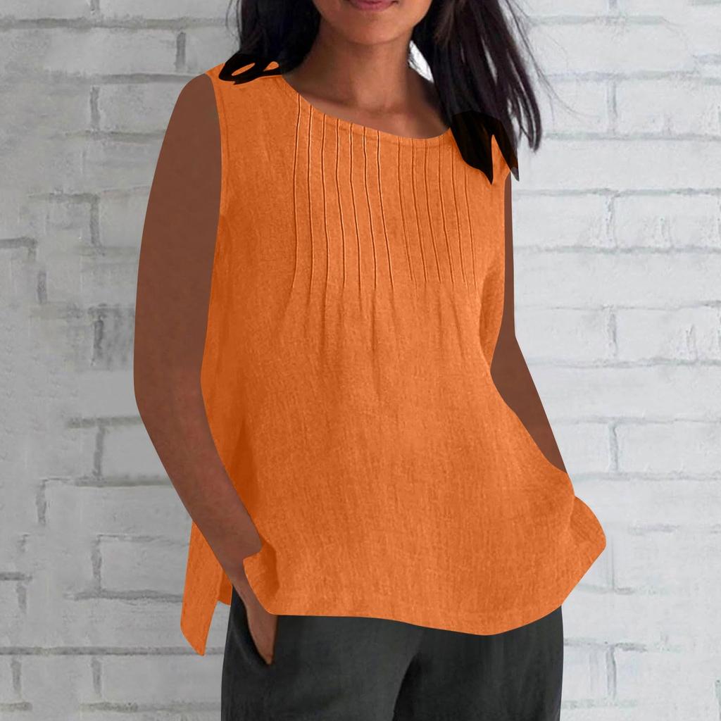 Women's Fashionable And Casual Sleeveless Vest Solid-color Cotton And Linen Pleated Sleeveless Top T-shirt