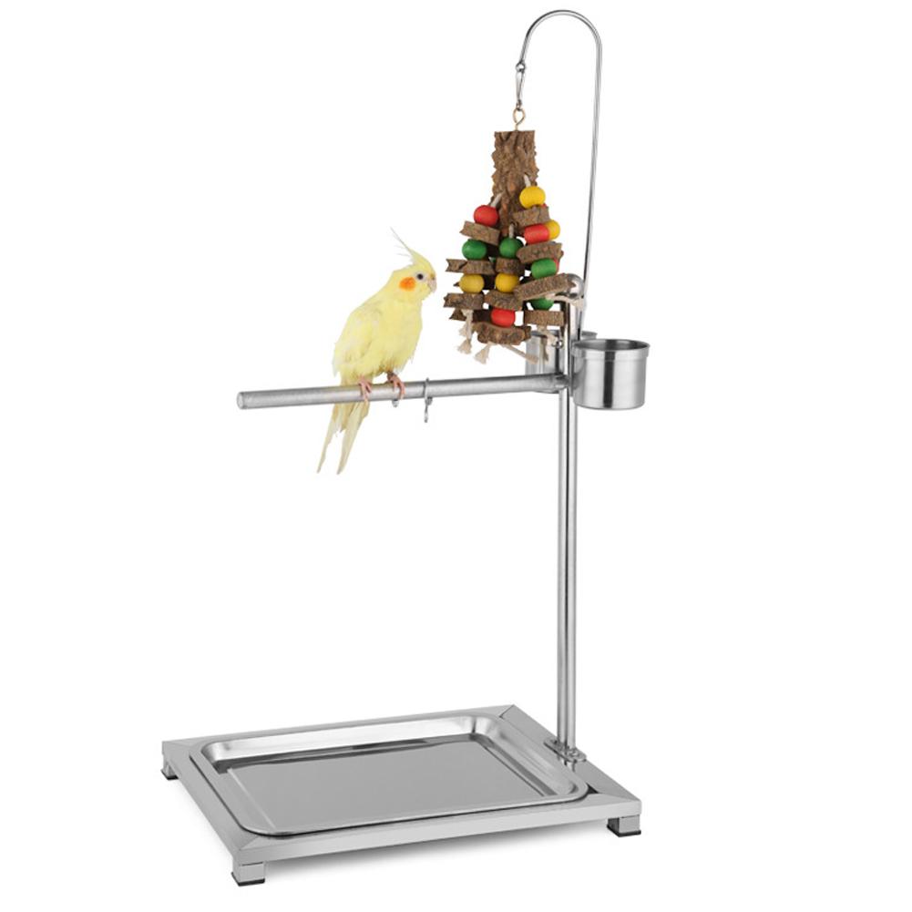 Stainless Steel Bird Standing Frame Parrots Training Rod Supplies with Two Food Bowl