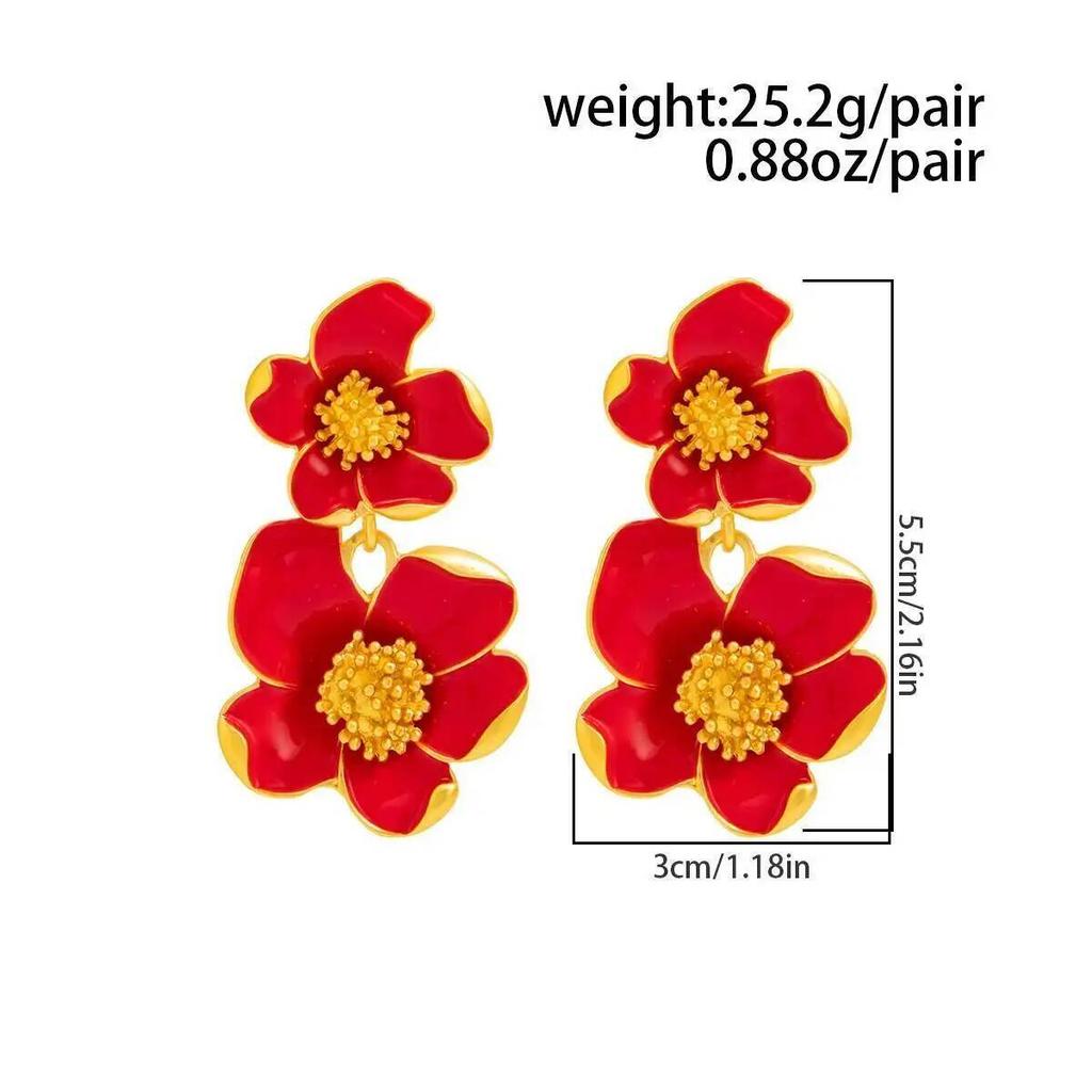SHIXIN Vintage Exquisite DoubleLayer Oil Dripping Flower Stud Earring Women Romantic Trendy Piercing Ear Daily Wear Jewelry Gift