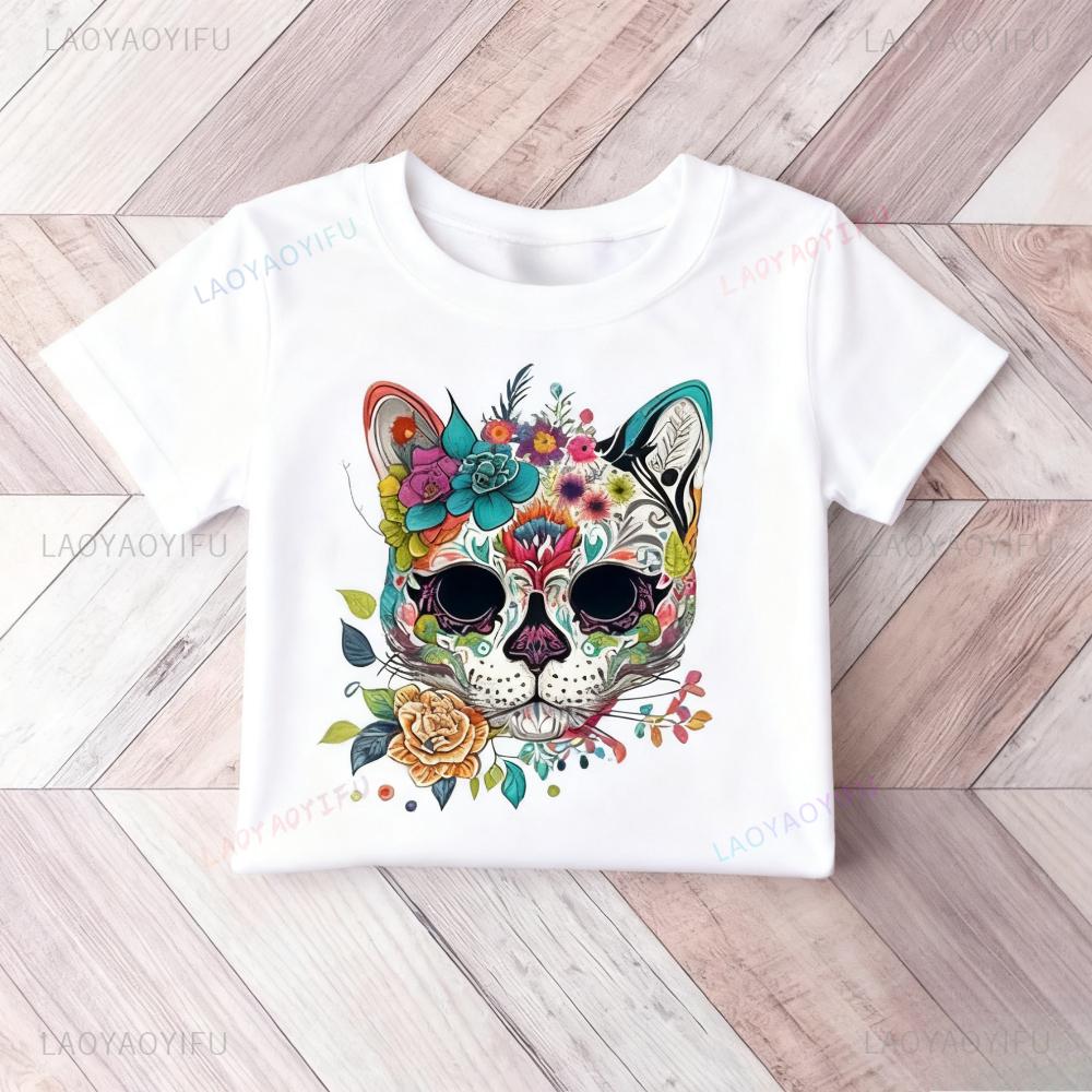 Day of The Dead Tshirt Cat Sugar Skull Shirt Dia De Los Muertos Women Tshirt Halloween Casual Fashion Short Sleeve Daily Life T S