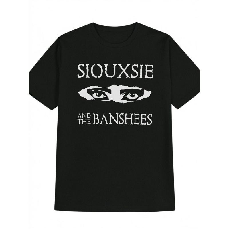 SIOUXSIE AND THE BANSHEES Gothic Graphic Black T-Shirt - Stylish Crew Neck Tee with Striking White Text and Eye Design, Perfect for Music Lovers and