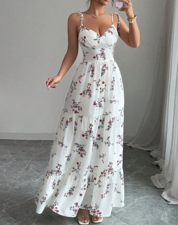 Women Floral Print Sling Maxi Dress V Neck Tiered Ruffle Holiday Beach Dress S