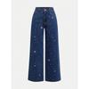 Damen High Waist Weite Beine Hose Locker Gerades Bein Strass Nieten Jeans Uni Helle Waschung Non Stretch Denim Lang Lässig Sommer Hose