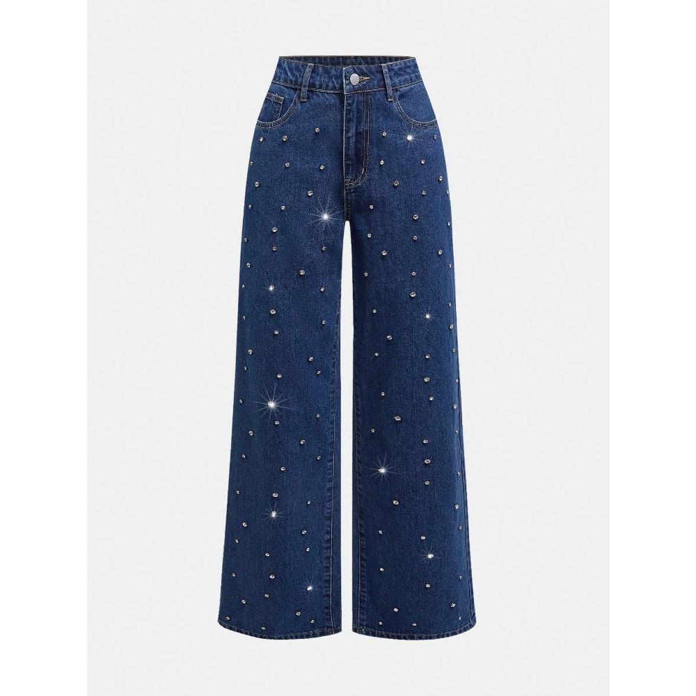 Damen High Waist Weite Beine Hose Locker Gerades Bein Strass Nieten Jeans Uni Helle Waschung Non Stretch Denim Lang Lässig Sommer Hose
