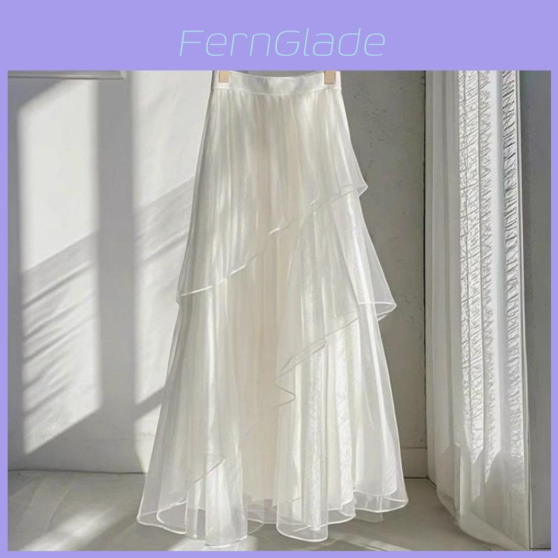 French Style White Mesh Midi Skirt With Abstract Pattern For Elegant Spring Wear
