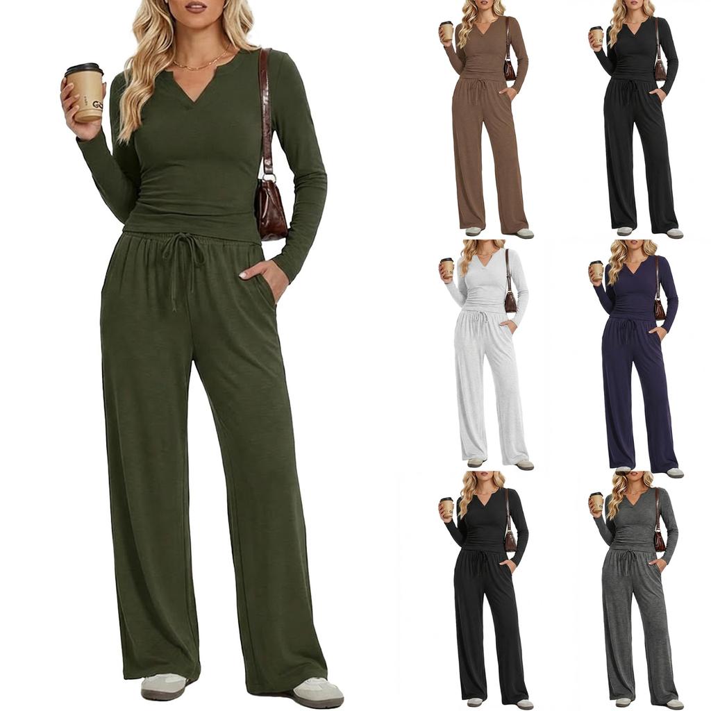 Women's Long Sleeve V Neck Pullover Top and Wide Leg Pants Lounge Set Casual Two Piece Outfit Soft Fabric Relaxed Fit