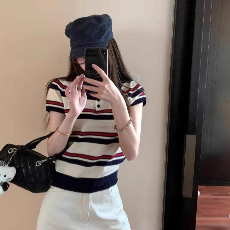 Retro Color-blocking Striped Short-sleeved T-shirt for Women's Summer Off-the-shoulder Lapel Knitted Sweater Top