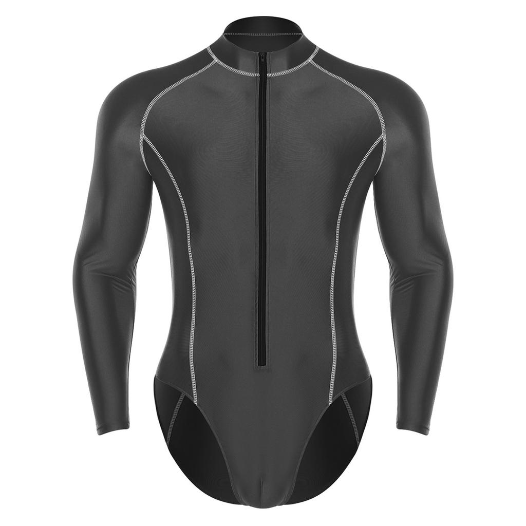 Pánský lesklý body overal s rolákem a dlouhým rukávem, zapínání na zip vpředu, trikot, kombinéza, ochranný obleček proti slunci, plavky na pláž a surfování