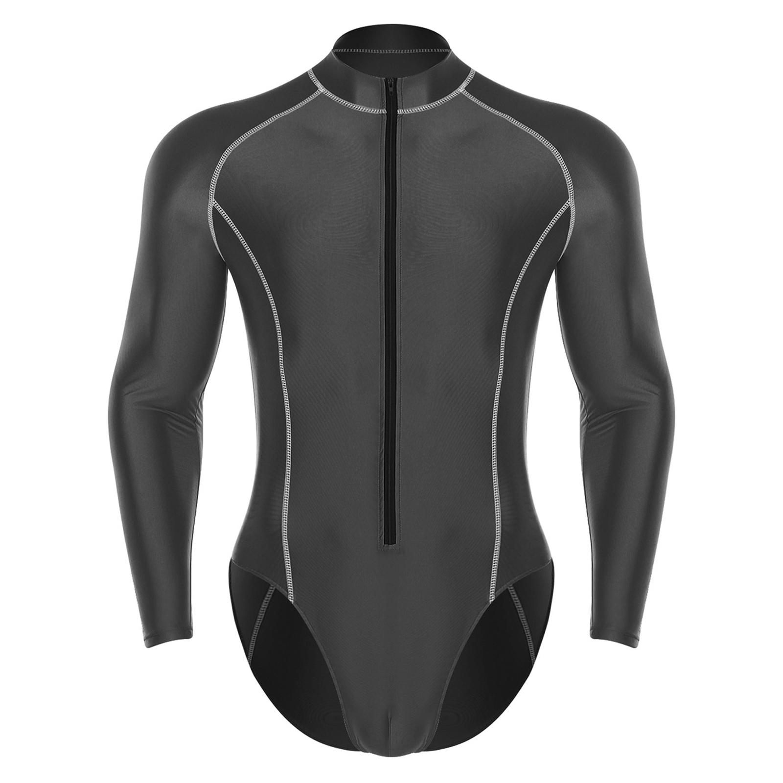 Herren Langarm Rash Guard Glänzender Body Anzug mit Reißverschluss vorne Leotard Stehkragen Jumpsuit Surfen Schwimmen M