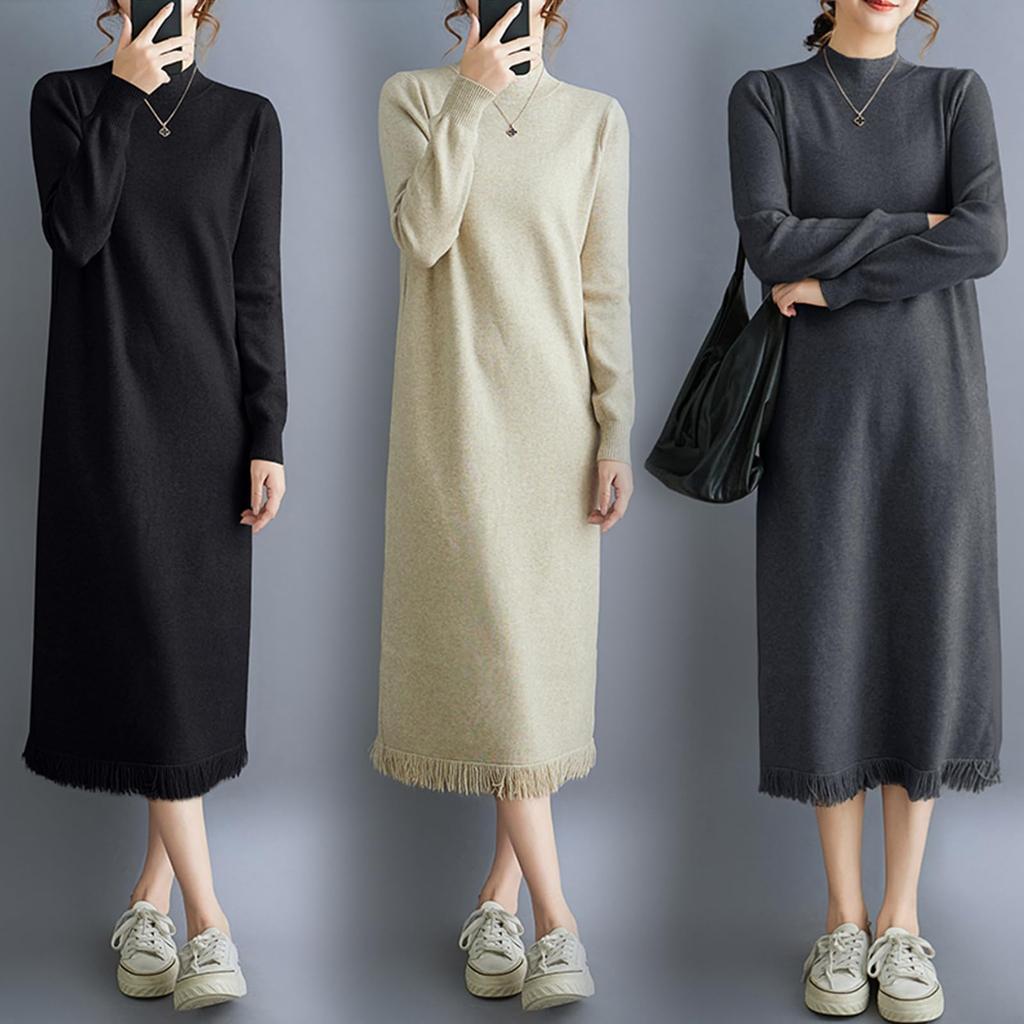 Knit Long Turtleneck Maxi Plus Solid Perfect for Everyday Winter [POGCZMKK] Women's Dress, Sleeve, Sweater, Length, Sizes, Figure-Flattering,