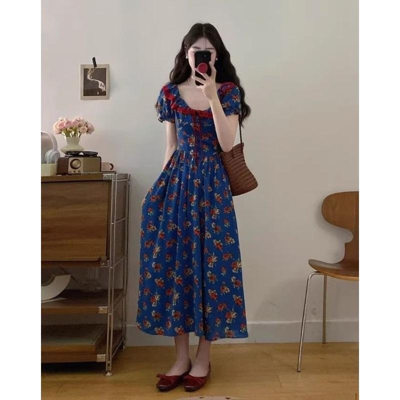 

Женское платье А-силуэта в пасторальном стиле, синее, с квадратным вырезом, с цветами, пышными рукавами, 2026, летнее, новое, французский темперамент, с поясом, длинное платье S