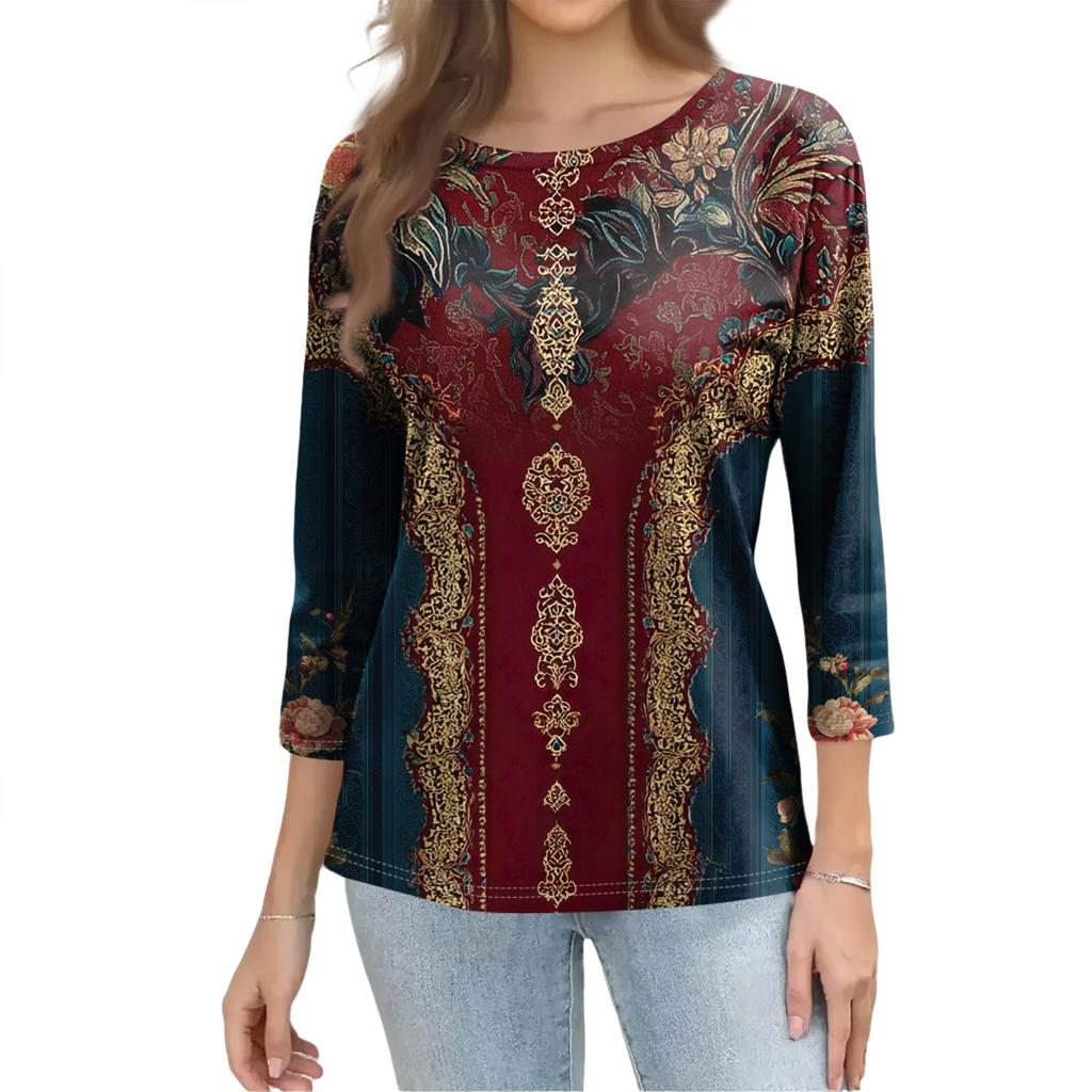 Trendy Vintage 3/4 Sleeve Top For Women,Ladies Casual Three Quarter Sleeve Round Collar Printed T-Shirt Blouse
