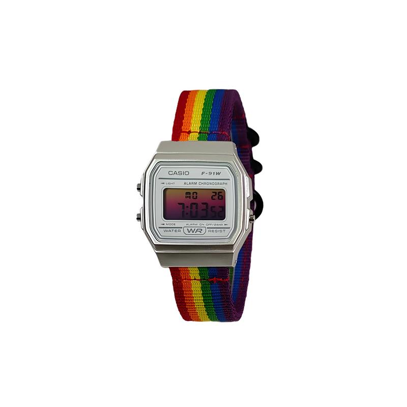 CASIO Customized watch modified series various colored mirrors silver resin case classic retro small F-91W-CaiSeBiaoDaiHuangFenJianBianBiaoJing