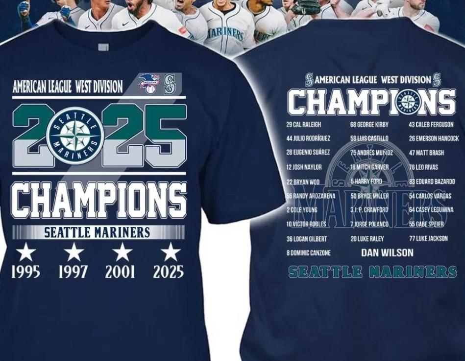 Liga West Division 2025 Meister Seattle Mariners 4-mal 2 Seiten T-Shirt Unisex T-Shirt