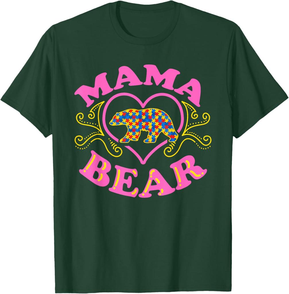 Mama Bear Autism Awareness Puzzle Bear Graphic T-Shirt Casual Short Sleeve Crewneck Tee