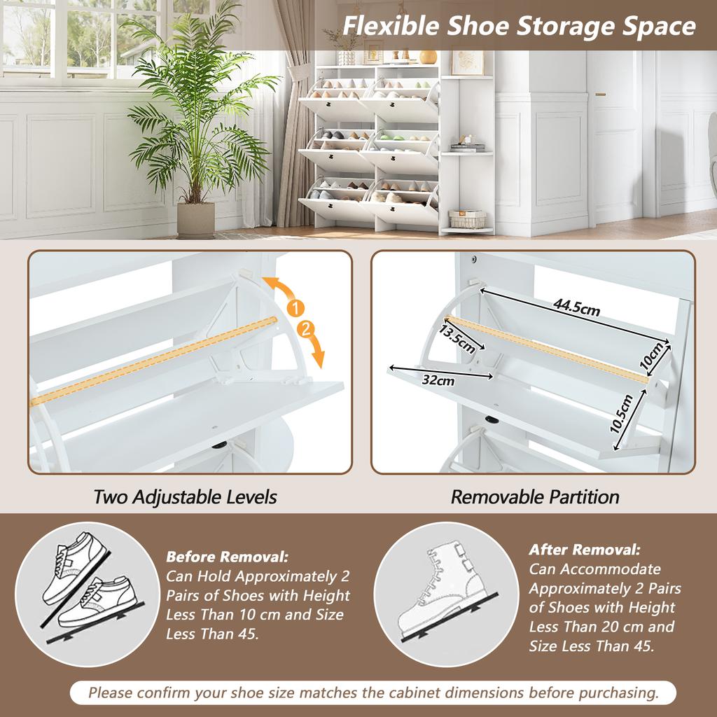 120 x 24 x 200 cm, Coat Rack for Entrance Area, 3-in-1 Multifunctional Shoe Cabinet, Flip Door, 8 Hooks, Living Room Cabinet with 5 Shelves, White
