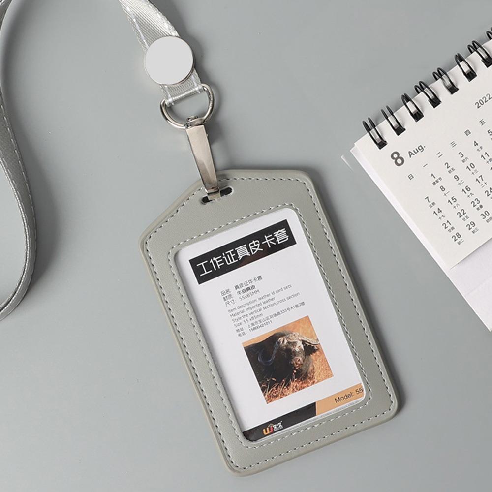 

High Quality Genuine Leather Work Card Holder With Neck Lanyard Solid Color ID Badge Holders Office Worker Supplies світло-сірого кольору