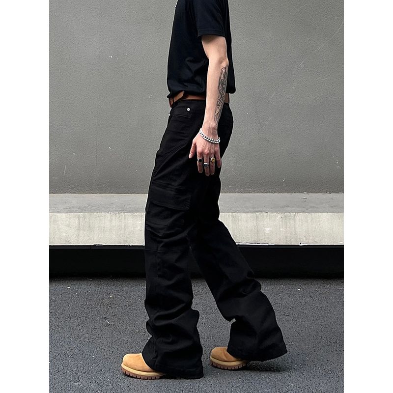 Blaexit American-Style Cleanfit Black Scimitar-Flared Cargo Pants Multi-Pocket Jeans Men's Vibe Pants