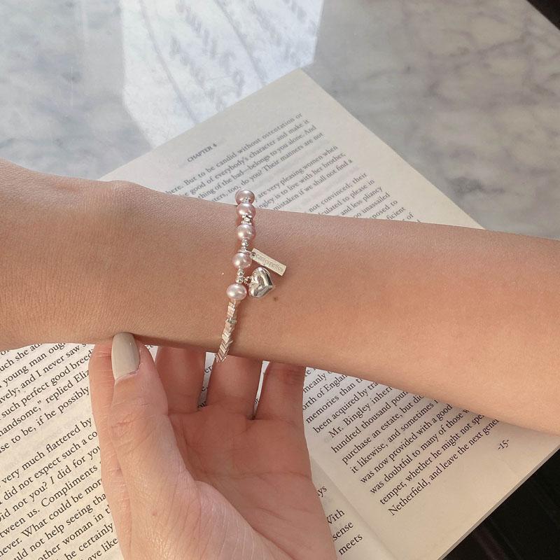 Pink Freshwater Pearl Broken Silver Beaded Bracelets 925 Sterling Silver Charm Heart Shape Women Bracelets Fine Jewelry