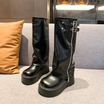 Moteriški žieminiai dviratininkų batai Madingi diržo sagtis moteriškos elegantiškos platformos ilgaauliai Laisvalaikio moteriški batai aukštyn kelyje