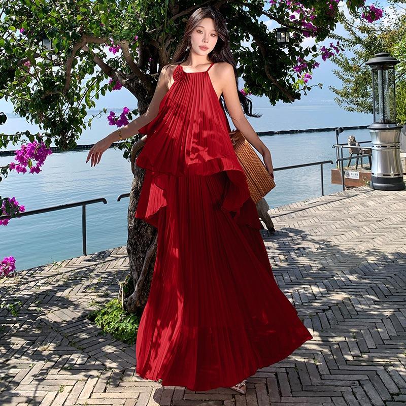 Set Vestito Vacanza Mare Francese Super Fatata Top con Spalline Gonna Pieghettata Vestito Due Pezzi