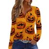 Women's Halloween Print V-Neck T-Shirt with Decorative Buttons Long Sleeve Casual Top