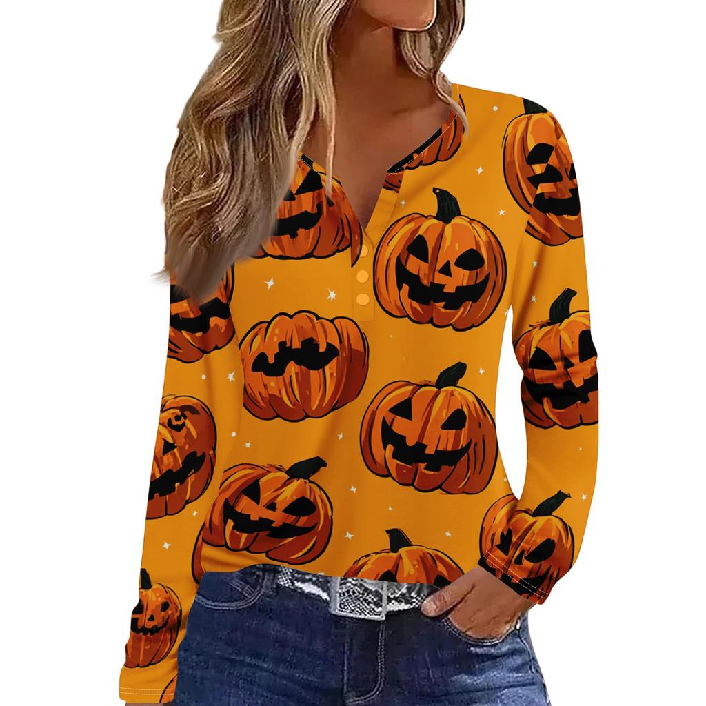 Women's Halloween Print V-Neck T-Shirt with Decorative Buttons Long Sleeve Casual Top