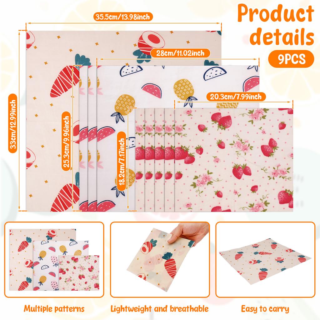 9Pcs Beeswax Food Wrap 3 Sizes Reusable Natural Food Wrap Multi-purpose Organic Cotton Wax Cloth Household Kitchen Picnic Wrap