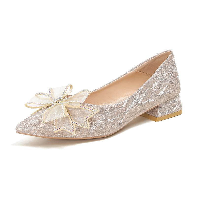 High Heels Women's New Temperament Shallow Mouth Rhinestone Pointed Bridesmaid Shoes Bow Thick Heel Single Shoes