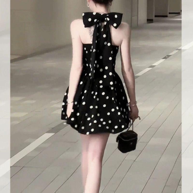 Bow Strap Backless Polka Dot Neck Dress Summer New Sweet and Spicy Waist and Thin Temperament a Word Short Skirt