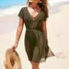 Bikini Cover Up Mesh Lightweight Sheer V-Neck Short Sleeve Beach Dress with Elastic Waist Design Anti-UV Swimwear Cover Up