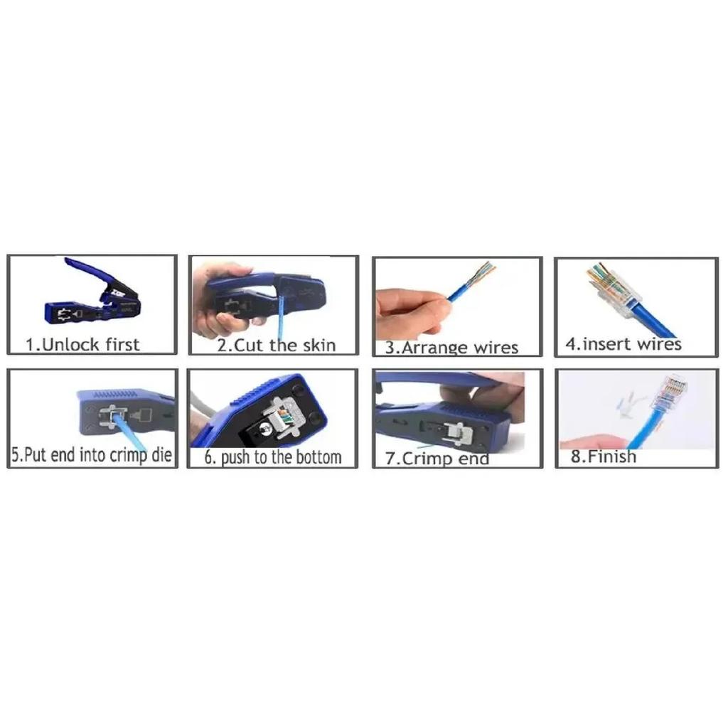 RJ45 Crimp Tool Pass Through Crimper Cutter for Cat6a Cat6 Cat5 Cat5e 8P8C Modular Connector Ethernet All-in-one Wire Tool