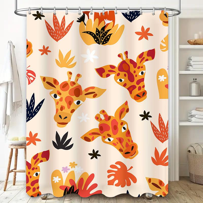 Animal Print Shower Curtain Giraffe Pattern Bathroom Decor Flower Design Fabric Waterproof Home Decoration