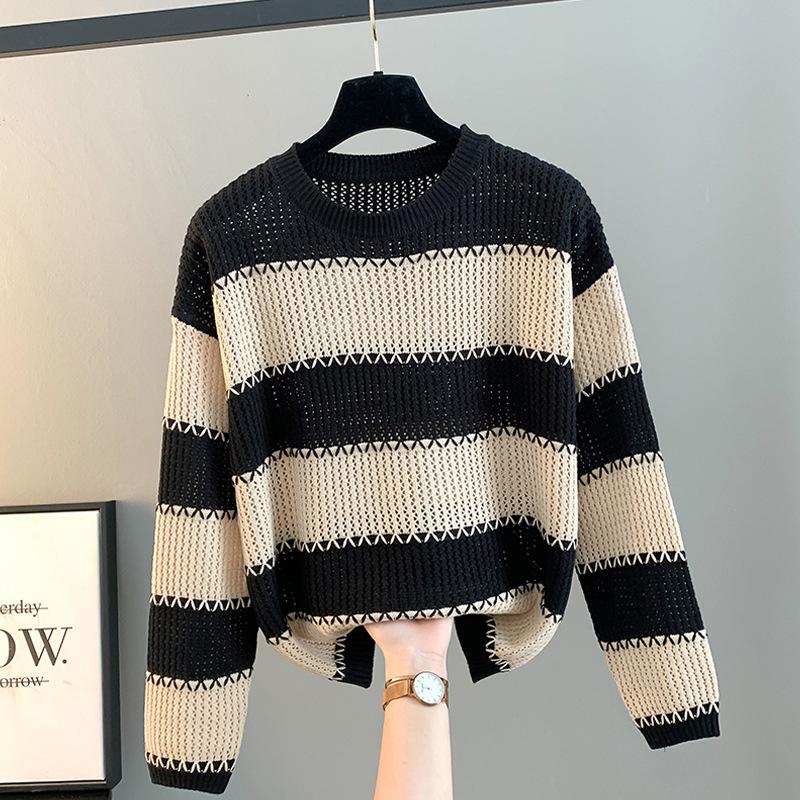 Wide Striped Long-sleeved Loose Round Neck Sweater for Women Spring and Autumn Thin Versatile Sweater