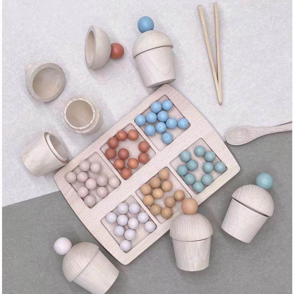 

Baby simulation rainbow cake cup with ball wooden bead balance training game color cognition play house toy