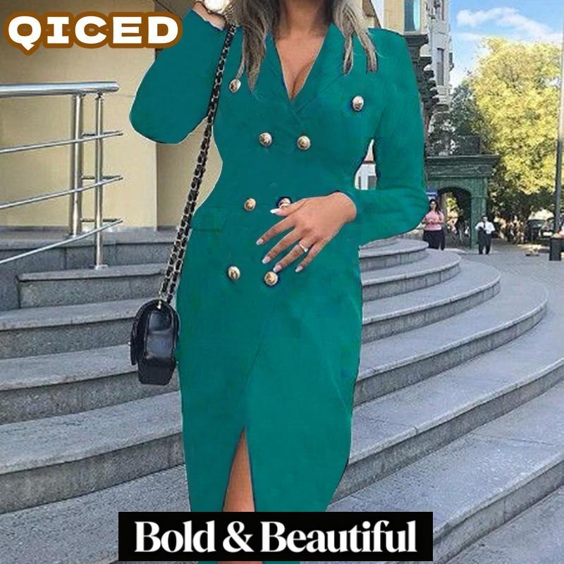 QICED Women's Fashion Autumn Winter Solid Color Print Long Sleeve POLO Neck Casual Dresses