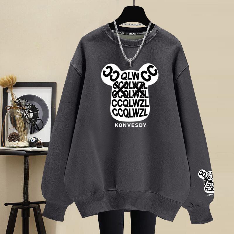 Cartoon pure cotton crew neck sweater women's 2025 autumn and winter velvet thickened casual fashion lazy wind loose large size women's clothing
