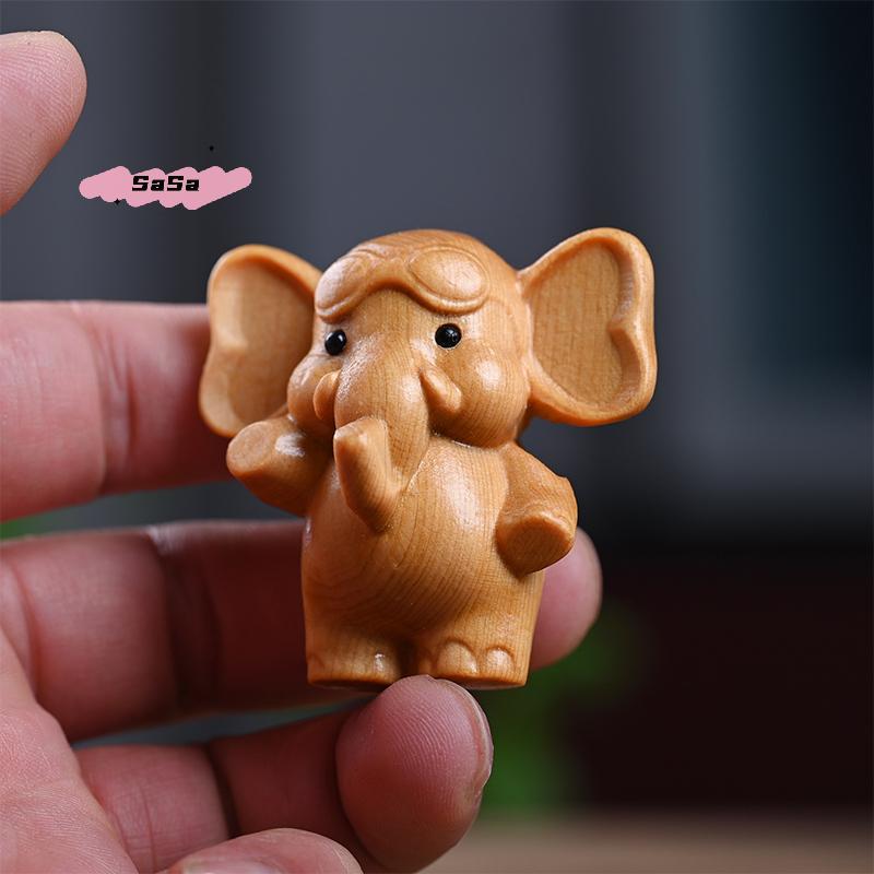 S-1Pc Hand-Carved Wooden Elephant Figurines Cute Elephant Statue Decorative Ornament Home Desktop Decor Car Decoration