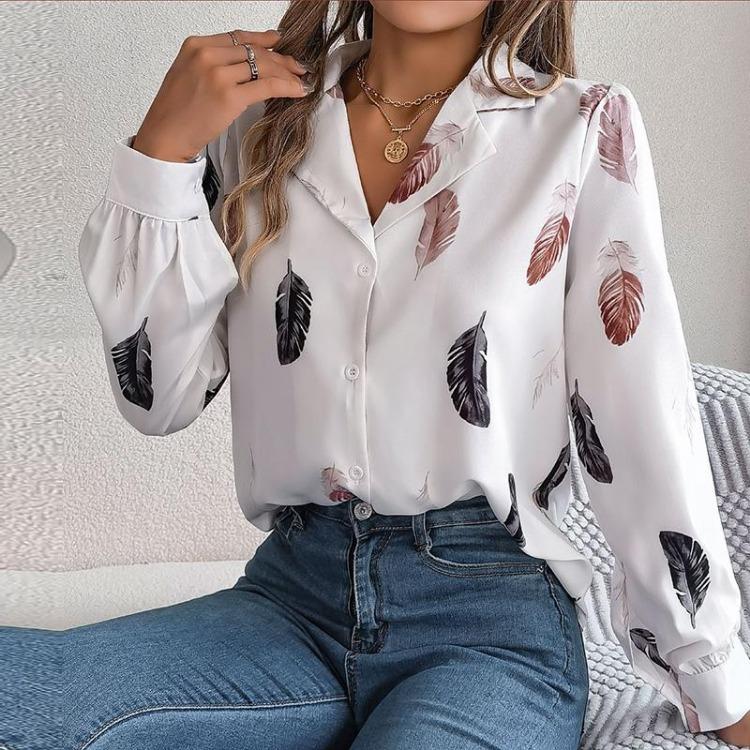 

Жіноча блузка з довгим рукавом з пір яним принтом, сорочка з коміром-стійкою, весна-осінь, темпераментна мода M