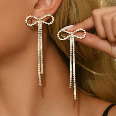 14K Real Gold Electroplating, Super Fairy Full Diamond With Diamond Bow Fringed Earrings, Gentle Temperament Fashion Earrings
