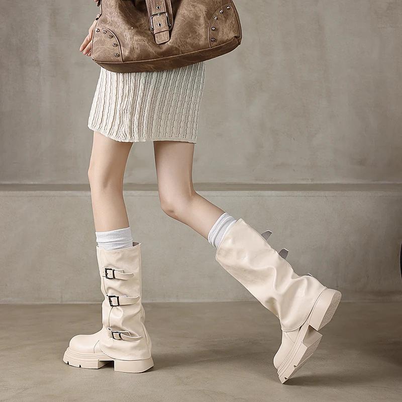 Pleated Buckle Knight Boots for Women Autumn Brown PU Leather Mid Calf Boots Woman Slip-On Thick Heel Riding Botas Mujer