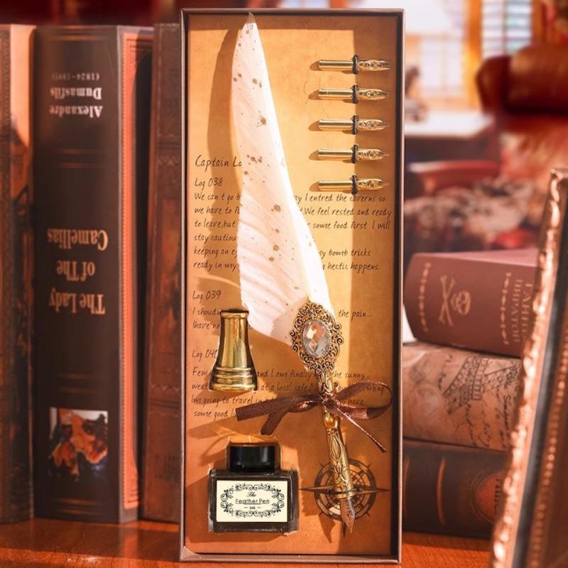 1SET Magic Gem Feather Pen Harry Potter European Vintage Fire Lacquer Seal Dip Pen Pen Gift Box Birthday Gift