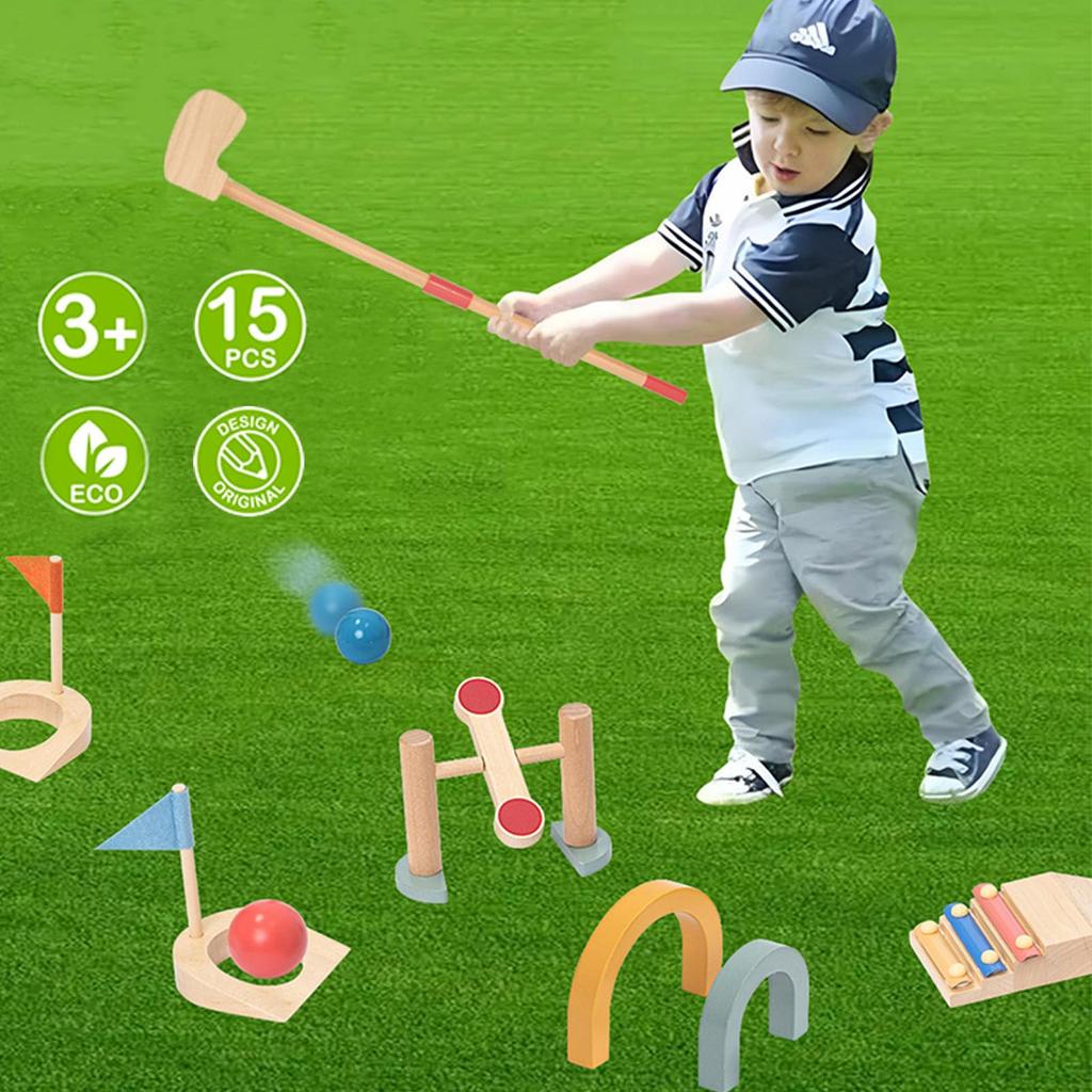 UMU 15-Piece Wooden Mini Golf Set with Obstacles, Balls, Clubs, and Accessories, Suitable for Indoor and Outdoor Play, Montessori-Style Educational