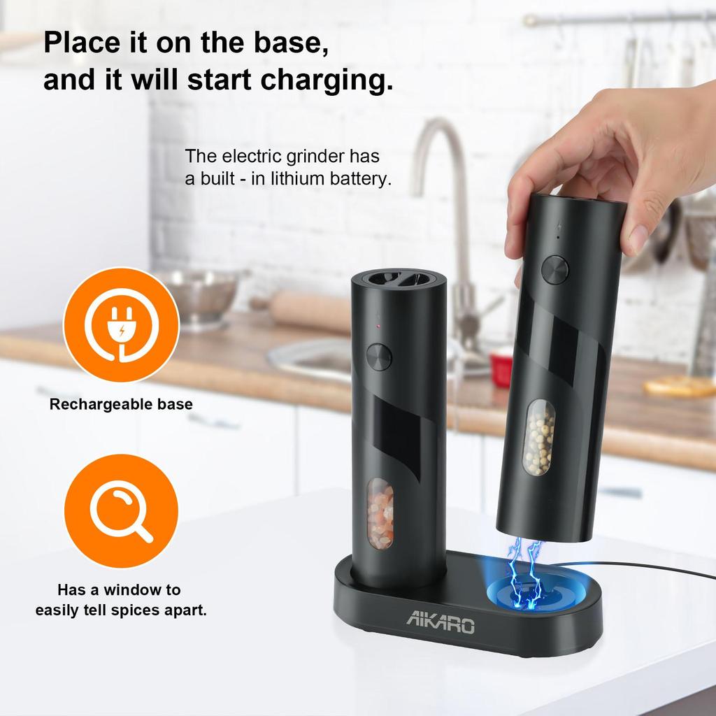 AIKARO Electric Salt and Pepper Mill Automatic Spice Grinder (Grinder Set, Rechargeable)